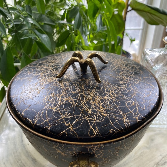 Mid Century 50’s Ice Bucket Black with Gold Threads Design Gold Handles - Picture 6 of 8